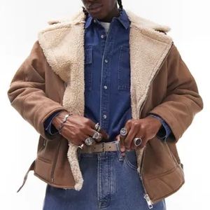Topman Faux Leather Biker Jacket with Faux Shearling Collar NWT large